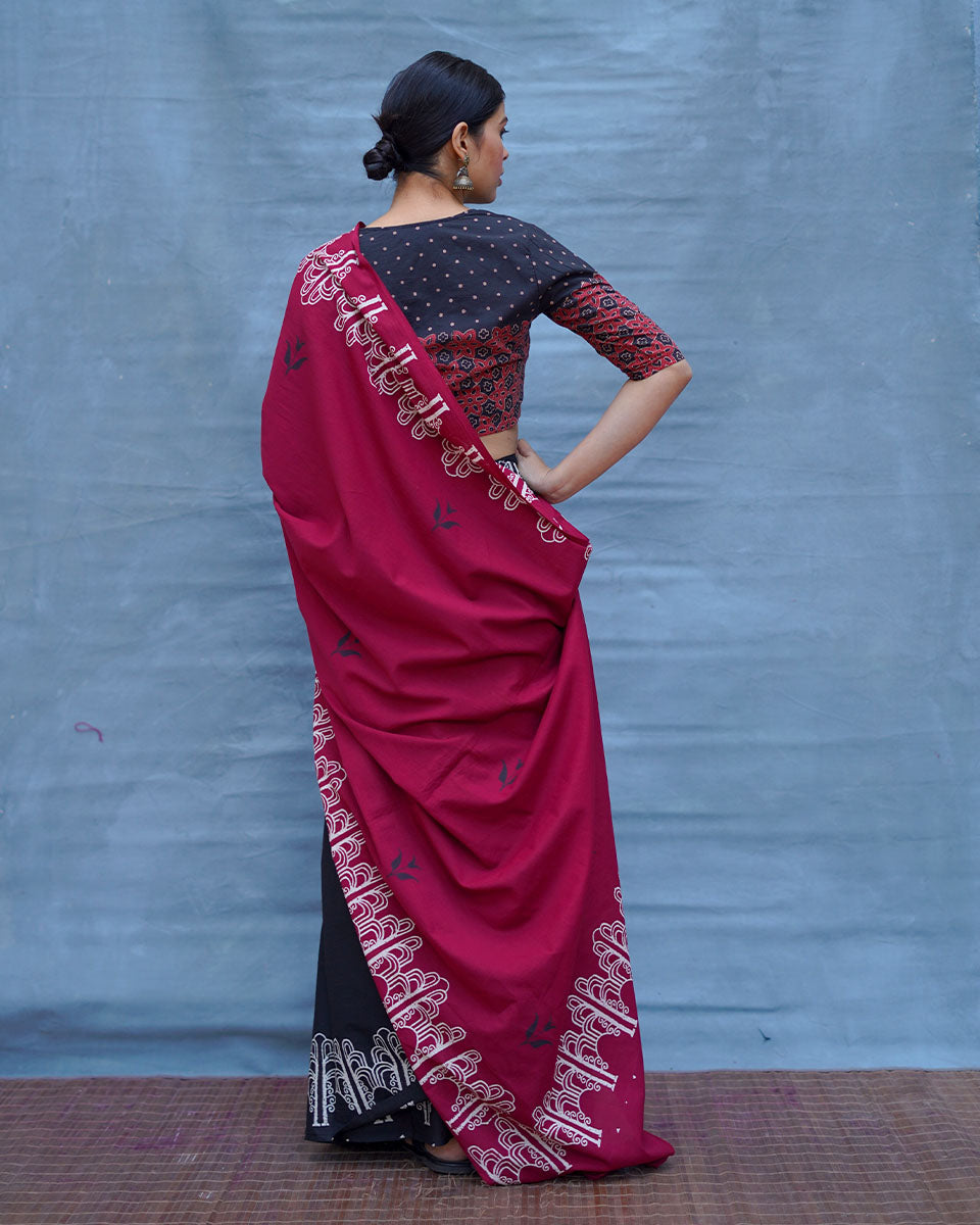 Damini Maroon With Black Handblock Printed Cotton Saree - Soil