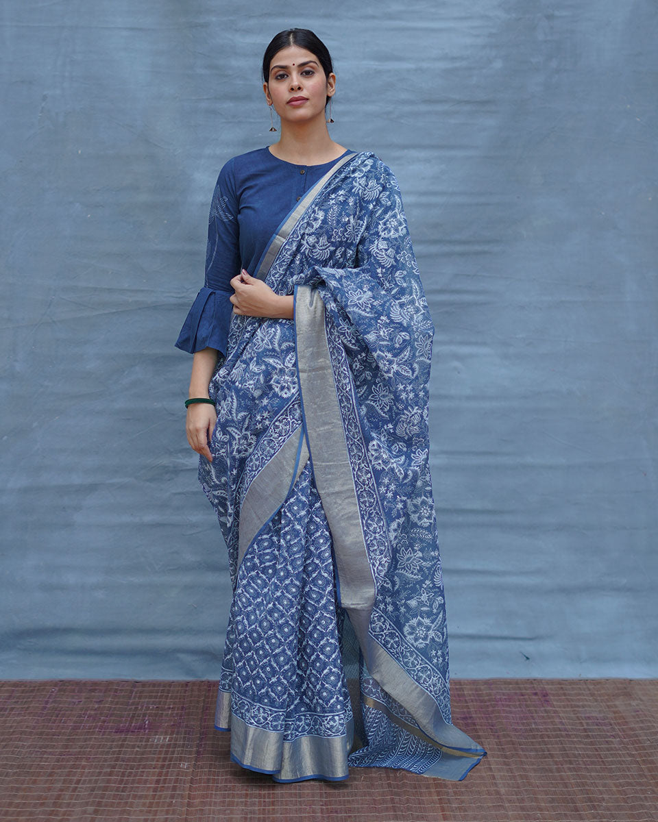 Waiting Sea Blue Block Printed Kota Doria Saree - INDI