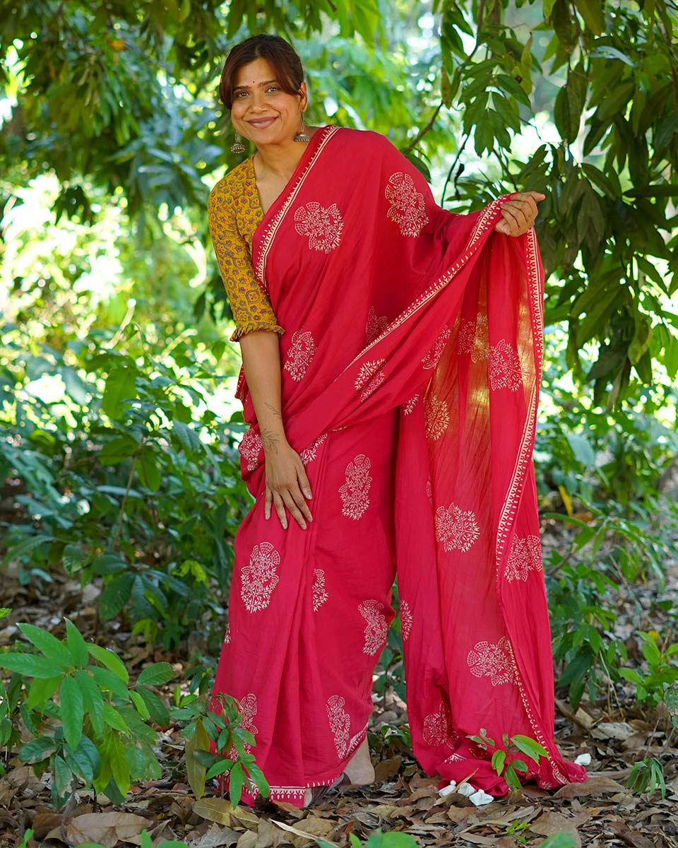 Walking Barefoot Red Hand Block Printed Cotton Saree - UMT