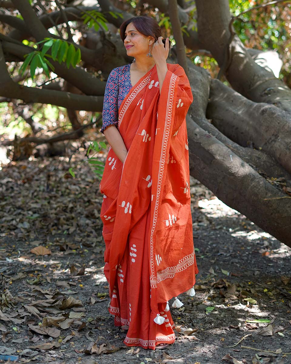 Sunlit Afternoons Orange Hand Block Printed Cotton Saree - UMT