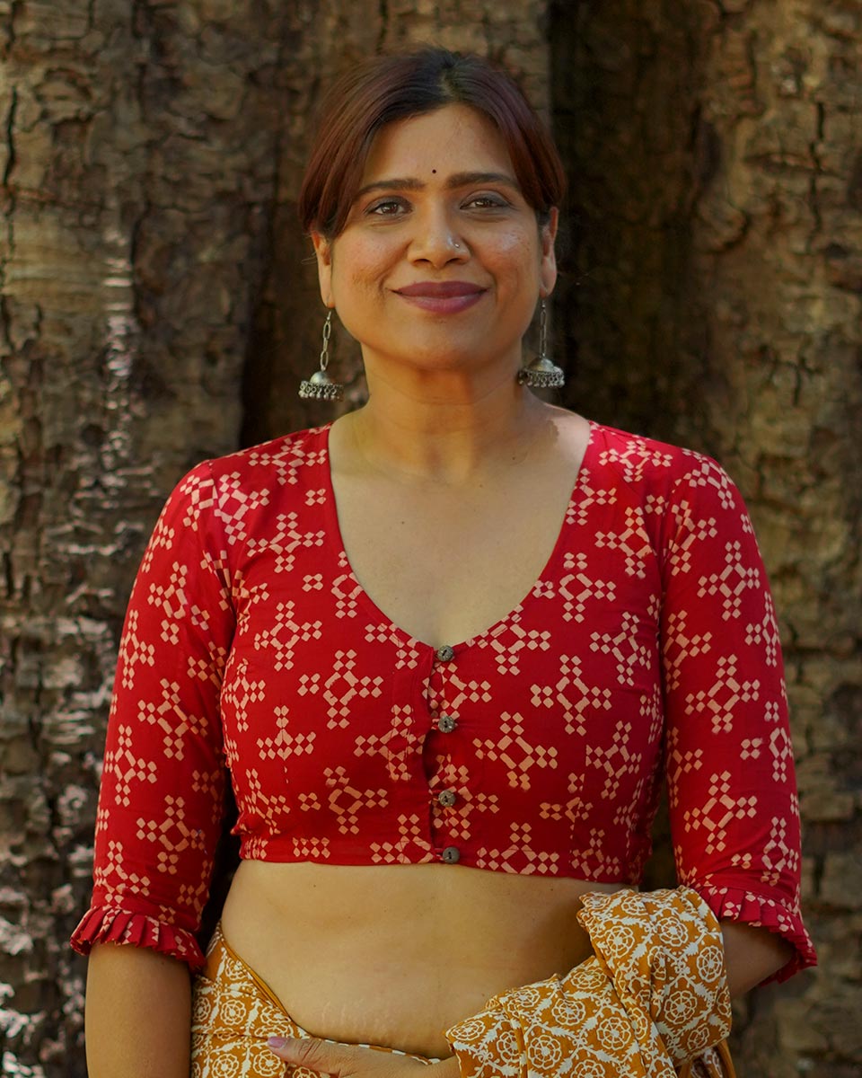 Gulkand Candies Rust Red Hand Block Printed Cotton Blouse - UMT