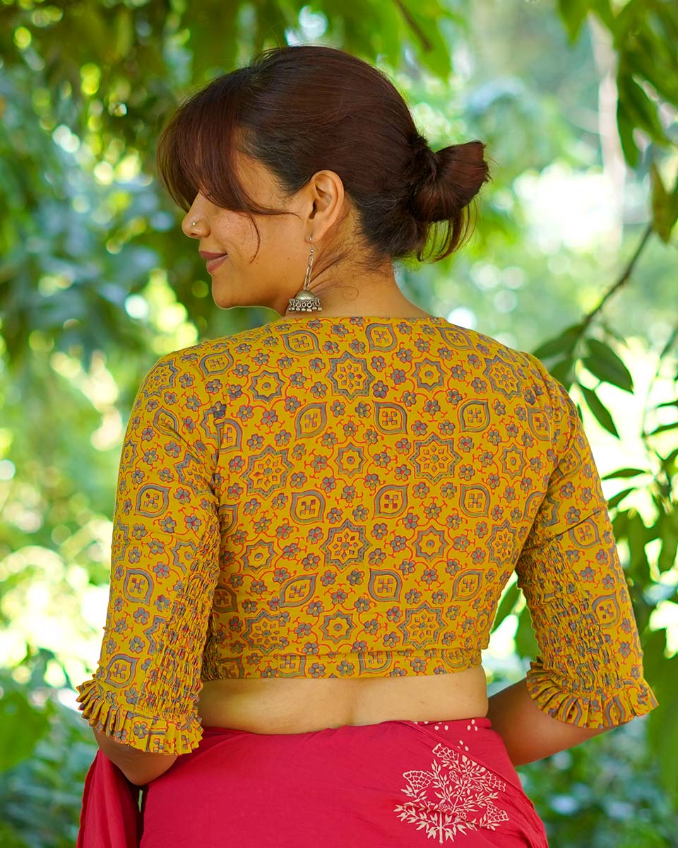 Swinging in veranda Mustard Yellow Hand Block Printed Cotton Blouse - UMT
