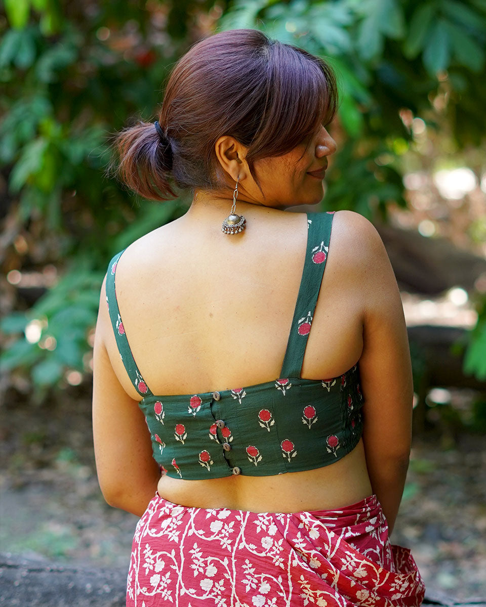 Watching kites fly Green Hand Block Printed Cotton Blouse - UMT