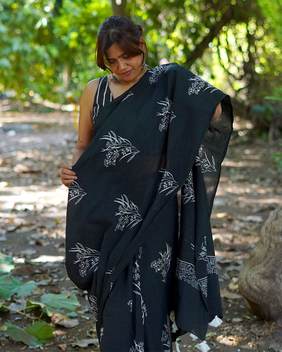 Afternoon Nap Black Hand Block Printed Cotton Saree - UMT