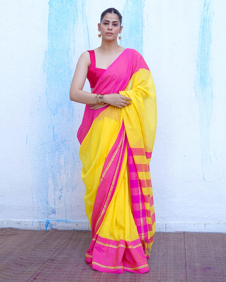 Athena Yellow With Pink Handwoven Cotton Saree - NTC