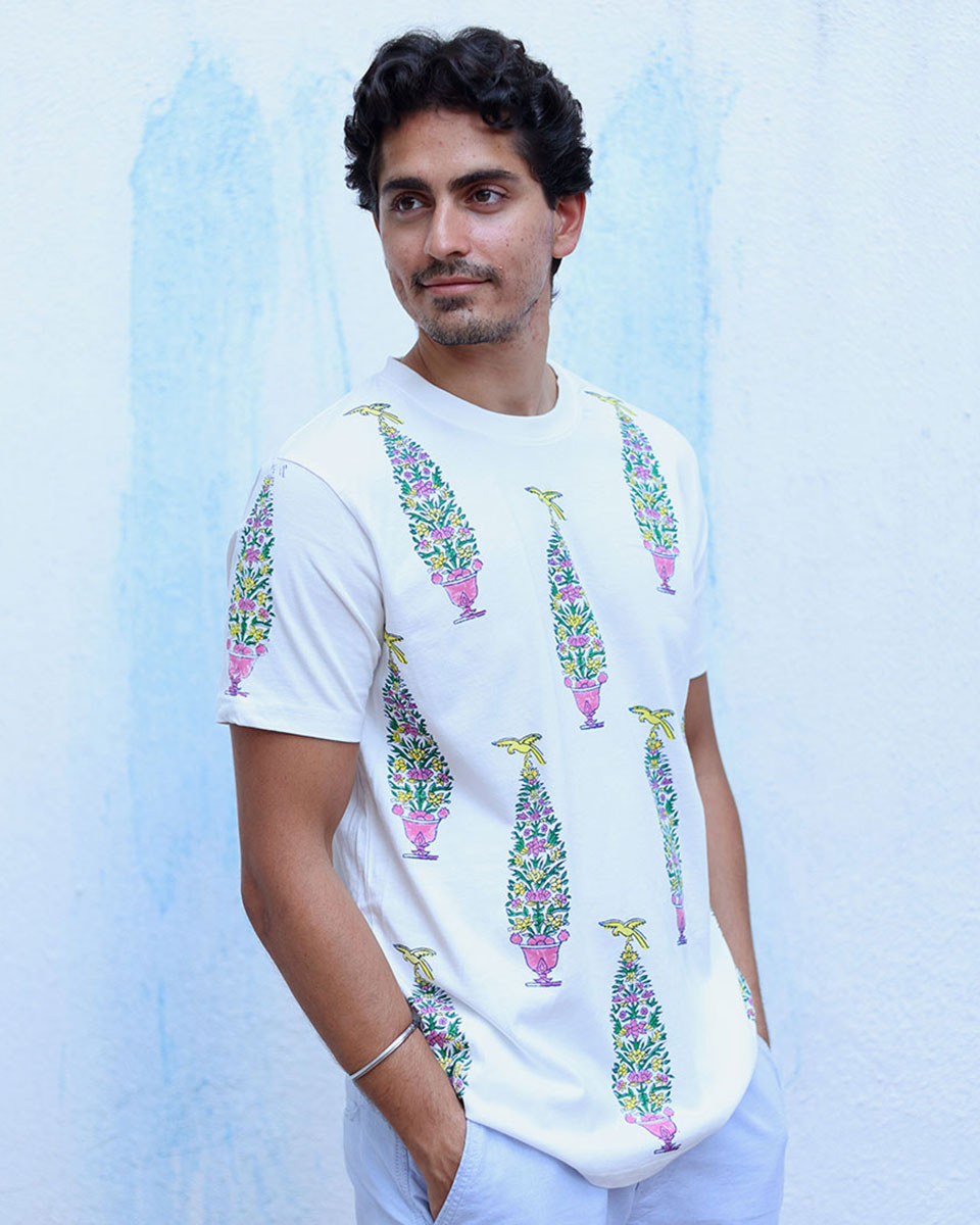 Humraaz White Hand Block Print Cotton T- Shirt - TOF