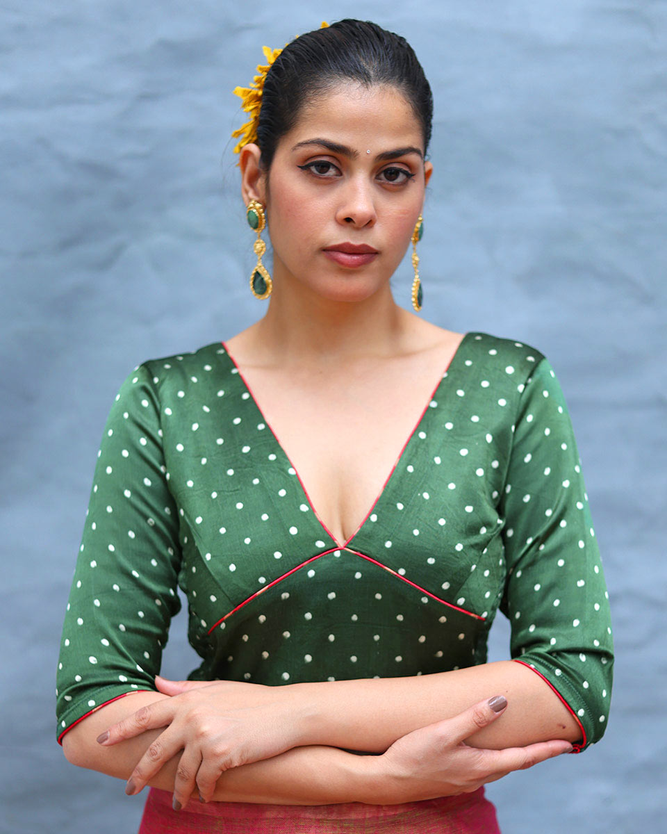 Manasvi Green Handblock Print Mashru Silk Blouse - RSH