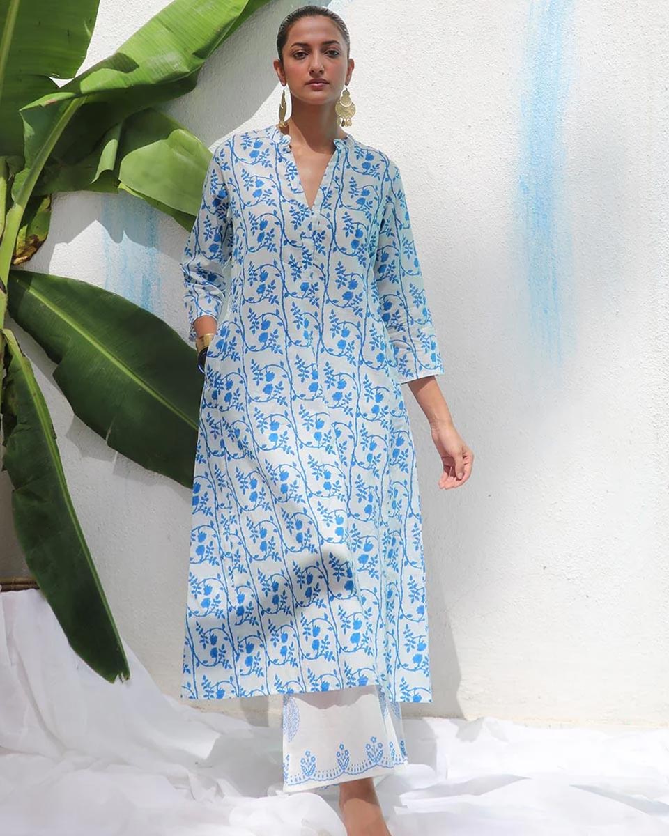 Rohini White With Blue Handblock Print Cotton Kurta - WITC