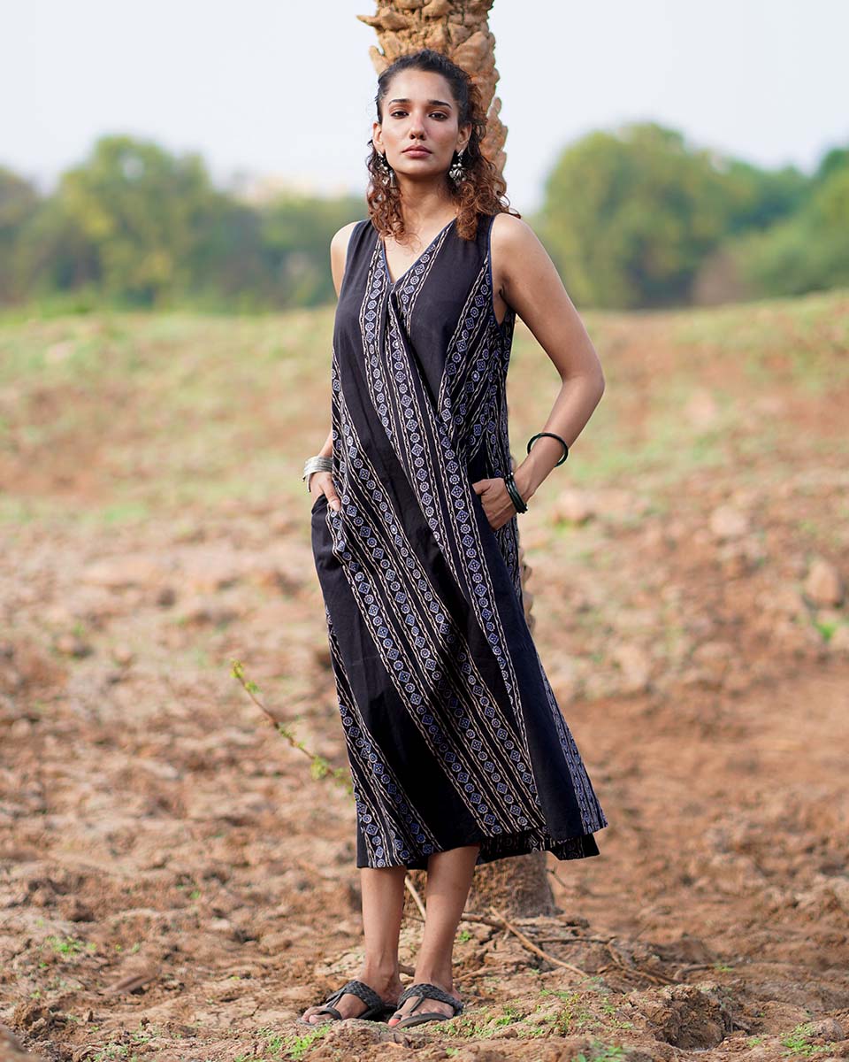 Floating Poems Blockprinted Cotton Dress-WWB