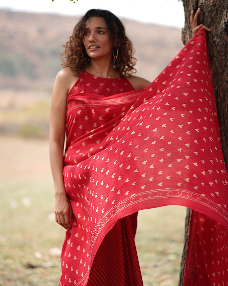 Dil Deewana Red Hand block Printed Cotton Saree