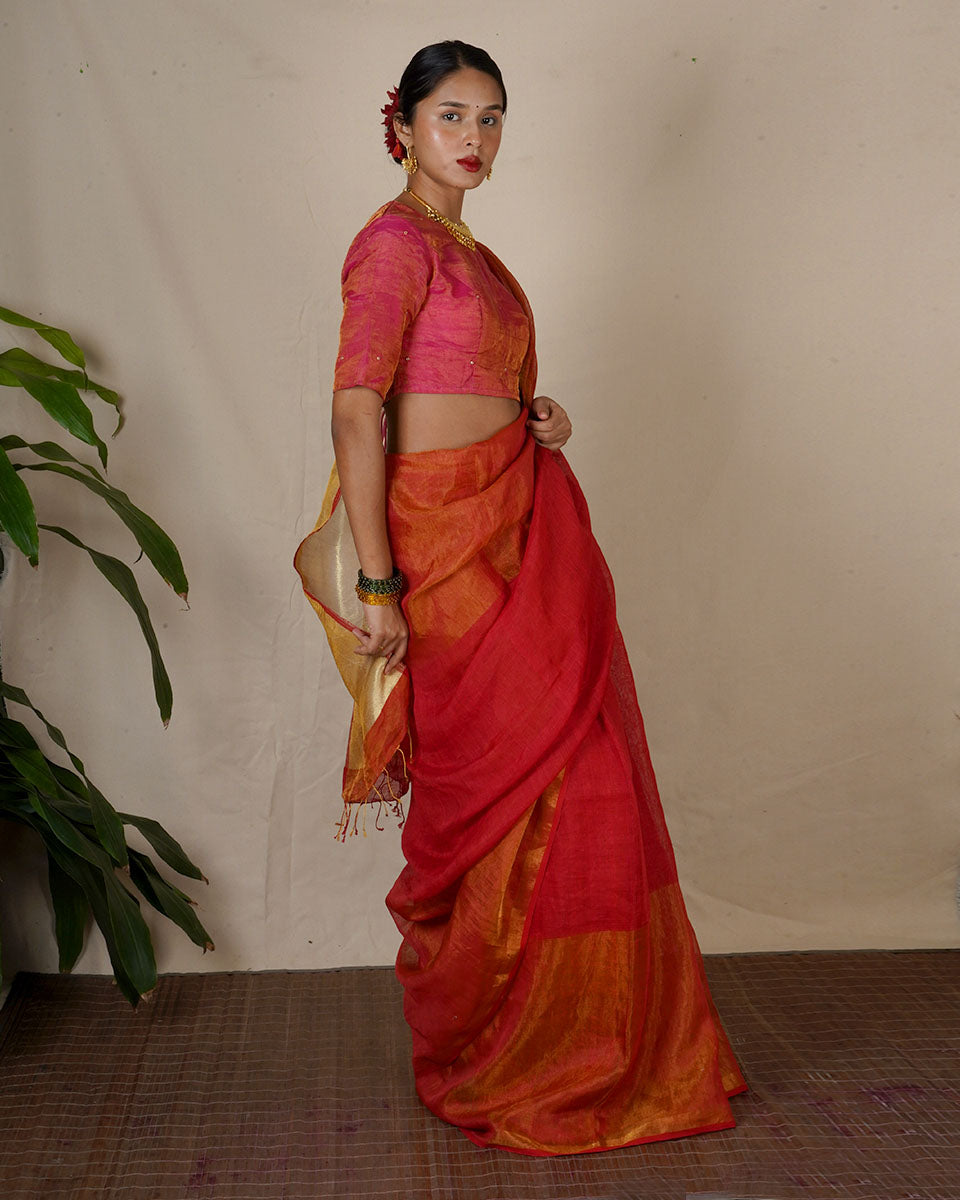 Chandni Red Handwoven Linen Zari Saree - Eknoor
