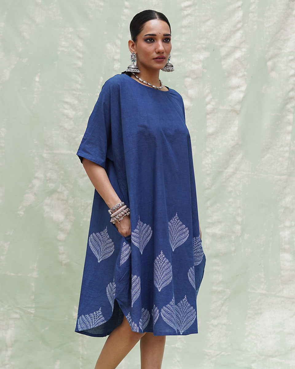 Megh Malhar Blue Handblock Print Cotton Dress - INDI