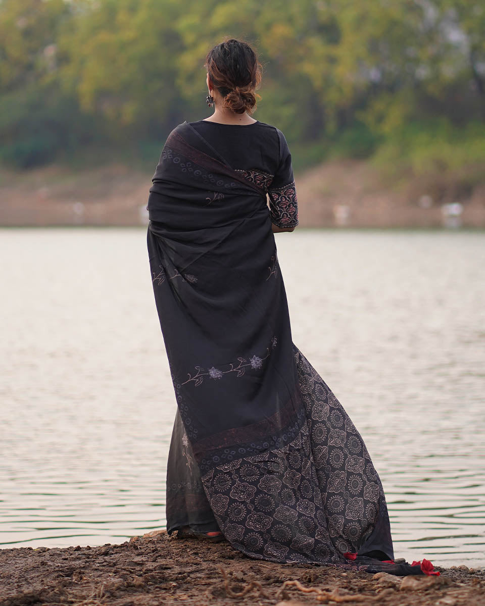 Ahima Black Block printed Modal Silk Saree - Jaisal