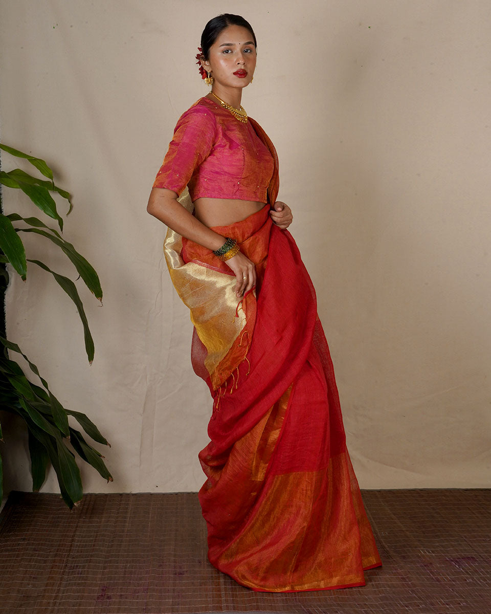 Chandni Red Handwoven Linen Zari Saree - Eknoor