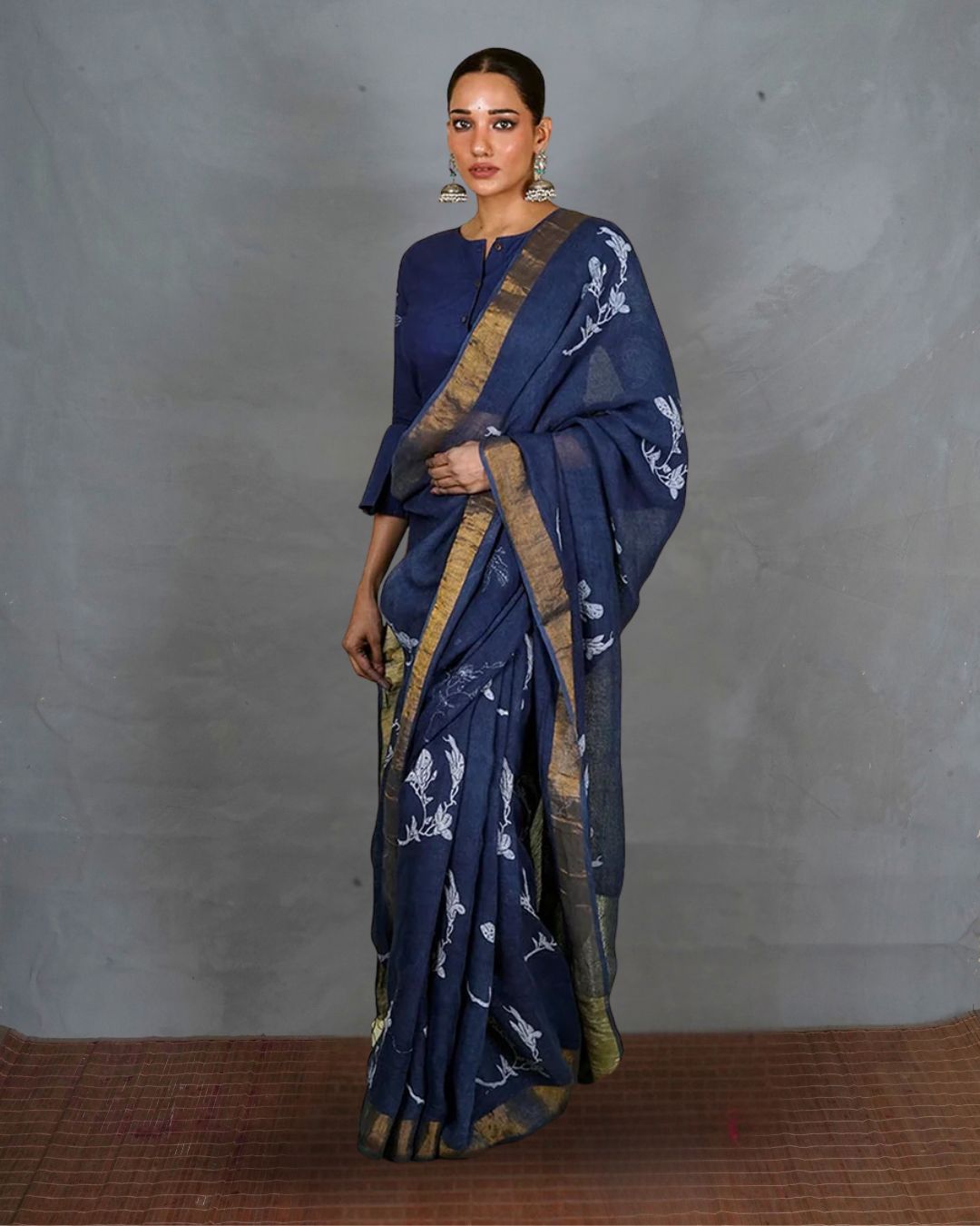 Purva Blue Handblock Print Linen Saree - INDI