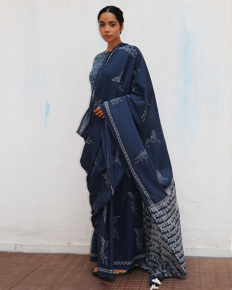 Autumn Nocturne Indigo Blue Handblock Printed Cotton Saree