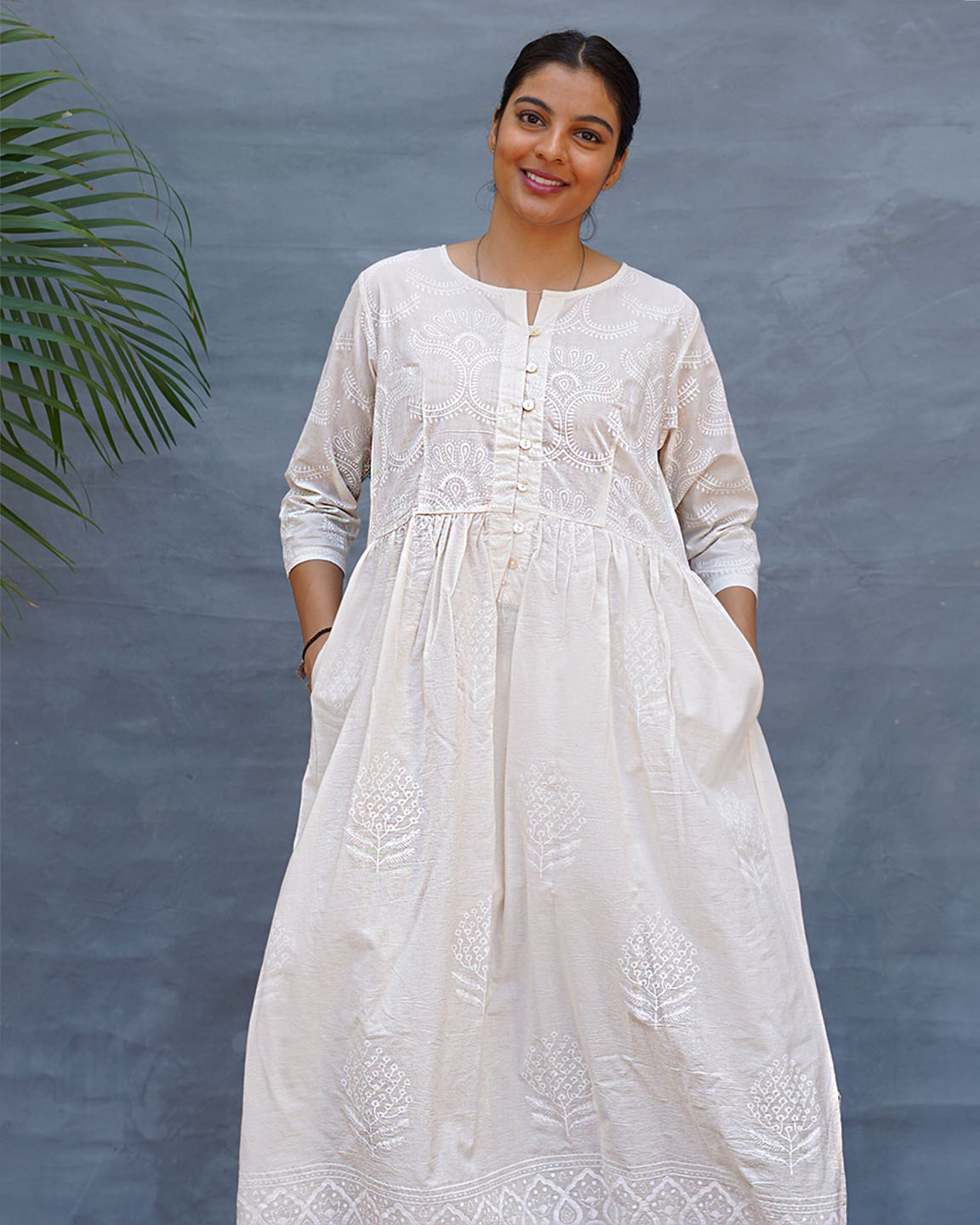 Pressed Cotton Ivory Handblock Printed Kurta Pant Set - SFD