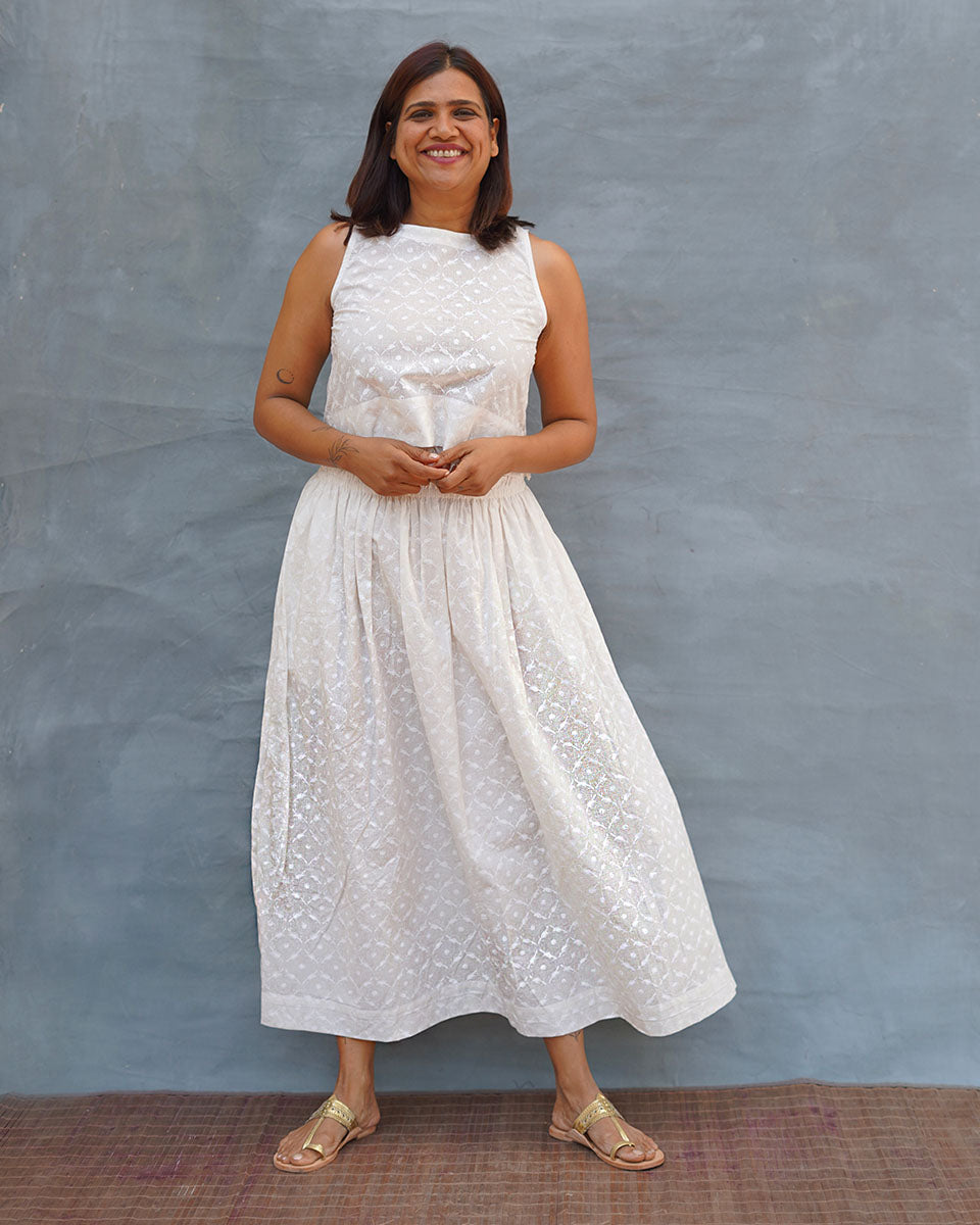 Moonflower White Handblock Print Cotton Top - Safed