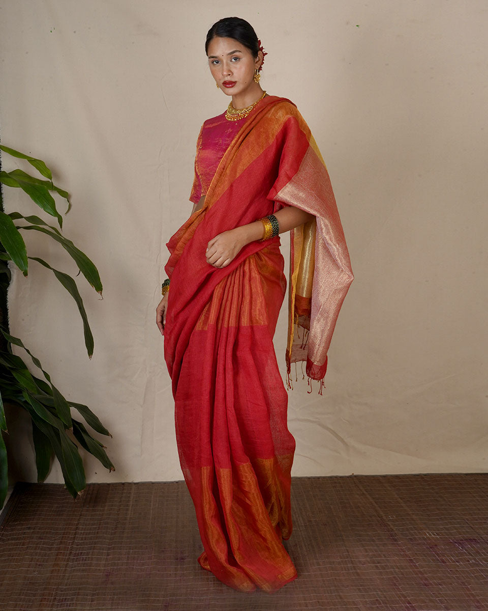 Chandni Red Handwoven Linen Zari Saree - Eknoor