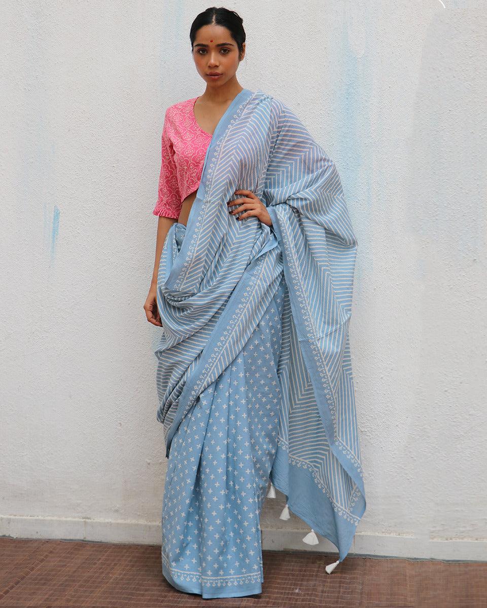 Amortentia Sky Blue Handblock Printed Cotton Saree