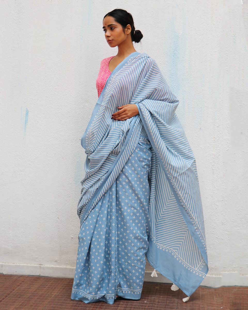 Amortentia Sky Blue Handblock Printed Cotton Saree