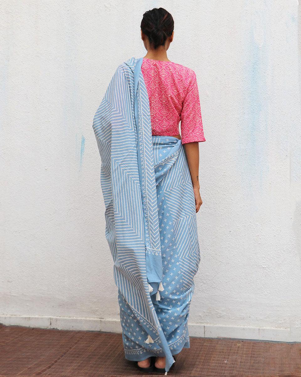 Amortentia Sky Blue Handblock Printed Cotton Saree