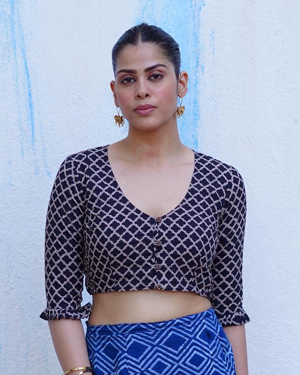 Melted ice lollies Black Hand Block Printed Cotton Blouse- UMT