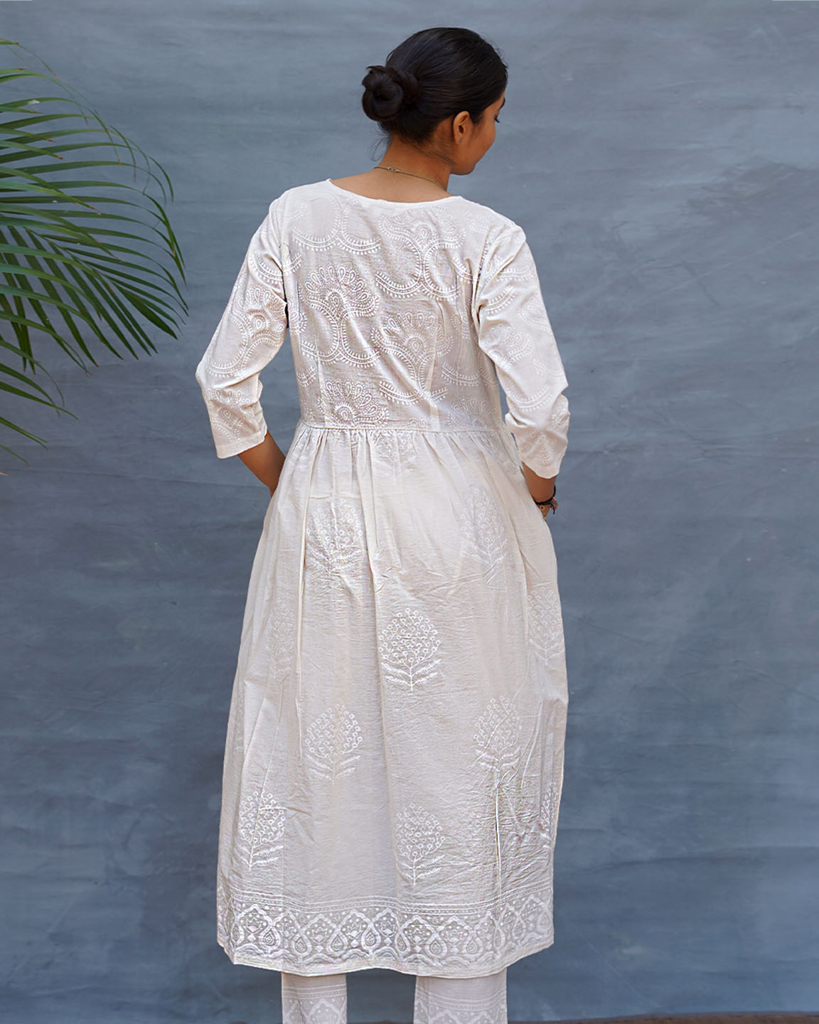 Pressed Cotton Ivory Handblock Printed Kurta Pant Set - SFD