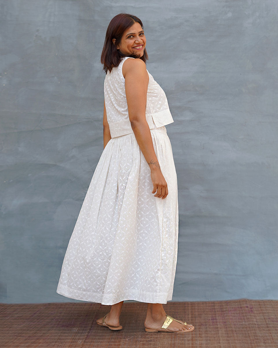 Summer Haze White Handblock Print Cotton Skirt - Safed