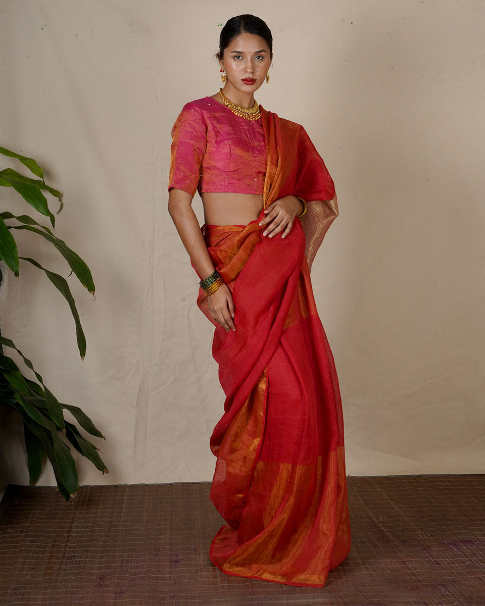 Chandni Red Handwoven Linen Zari Saree - Eknoor