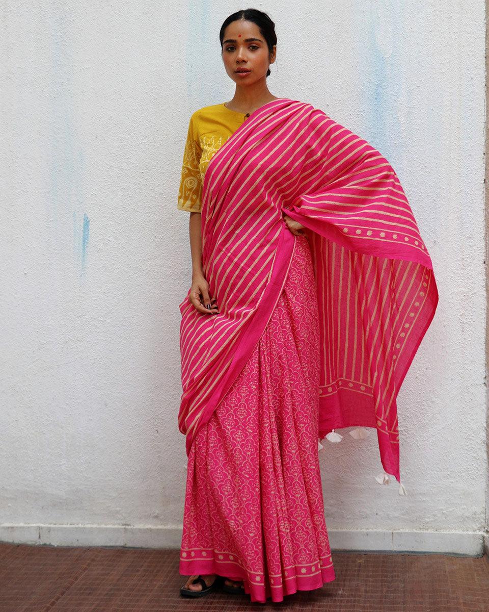 Firelight Pink Handprinted Cotton Sarees
