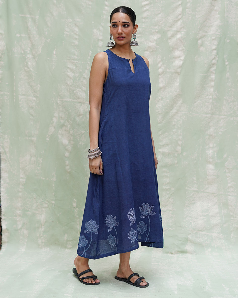 Asravi Blue Handblock Print Cotton Dress - INDI