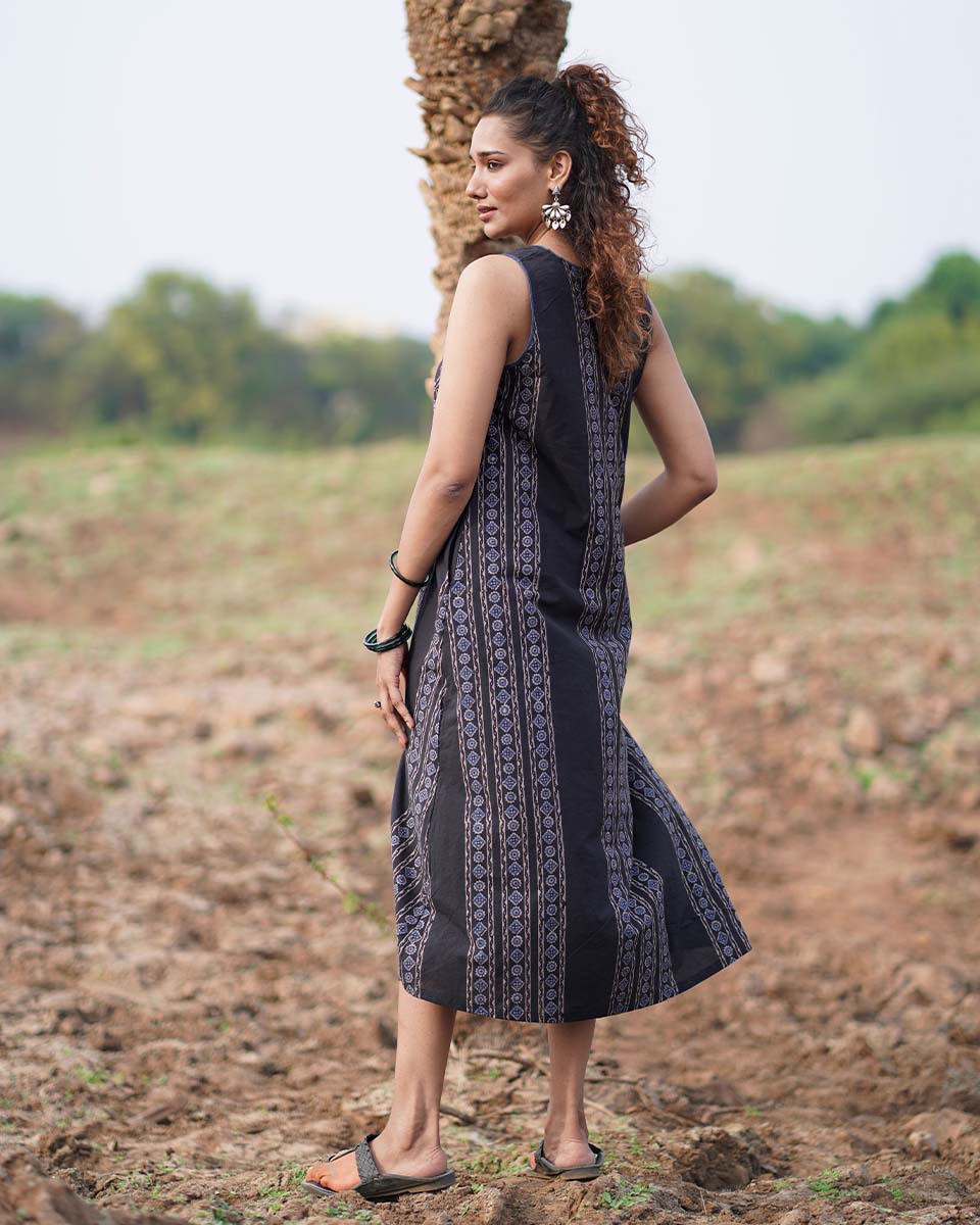 Floating Poems Blockprinted Cotton Dress-WWB