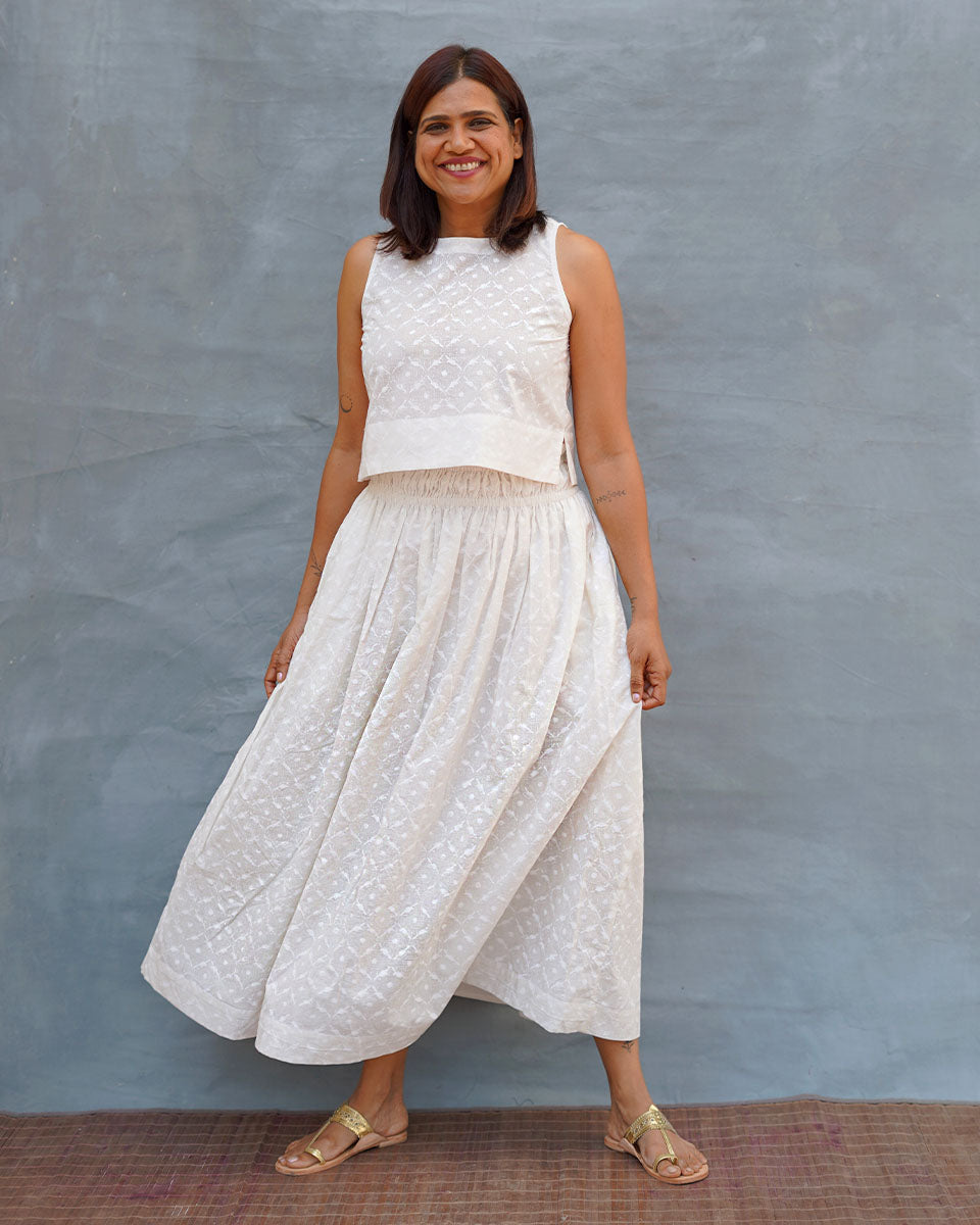 Summer Haze White Handblock Print Cotton Skirt - Safed