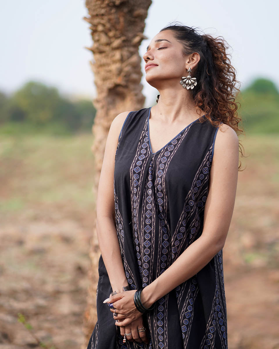 Floating Poems Blockprinted Cotton Dress-WWB