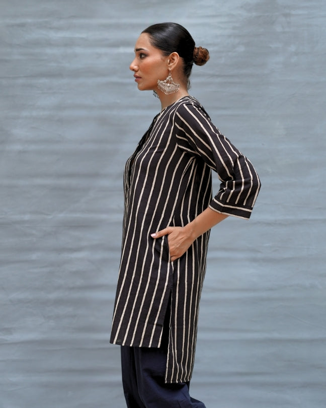 Flower Moon Black Handblock Print Cotton Kurta - MNCH