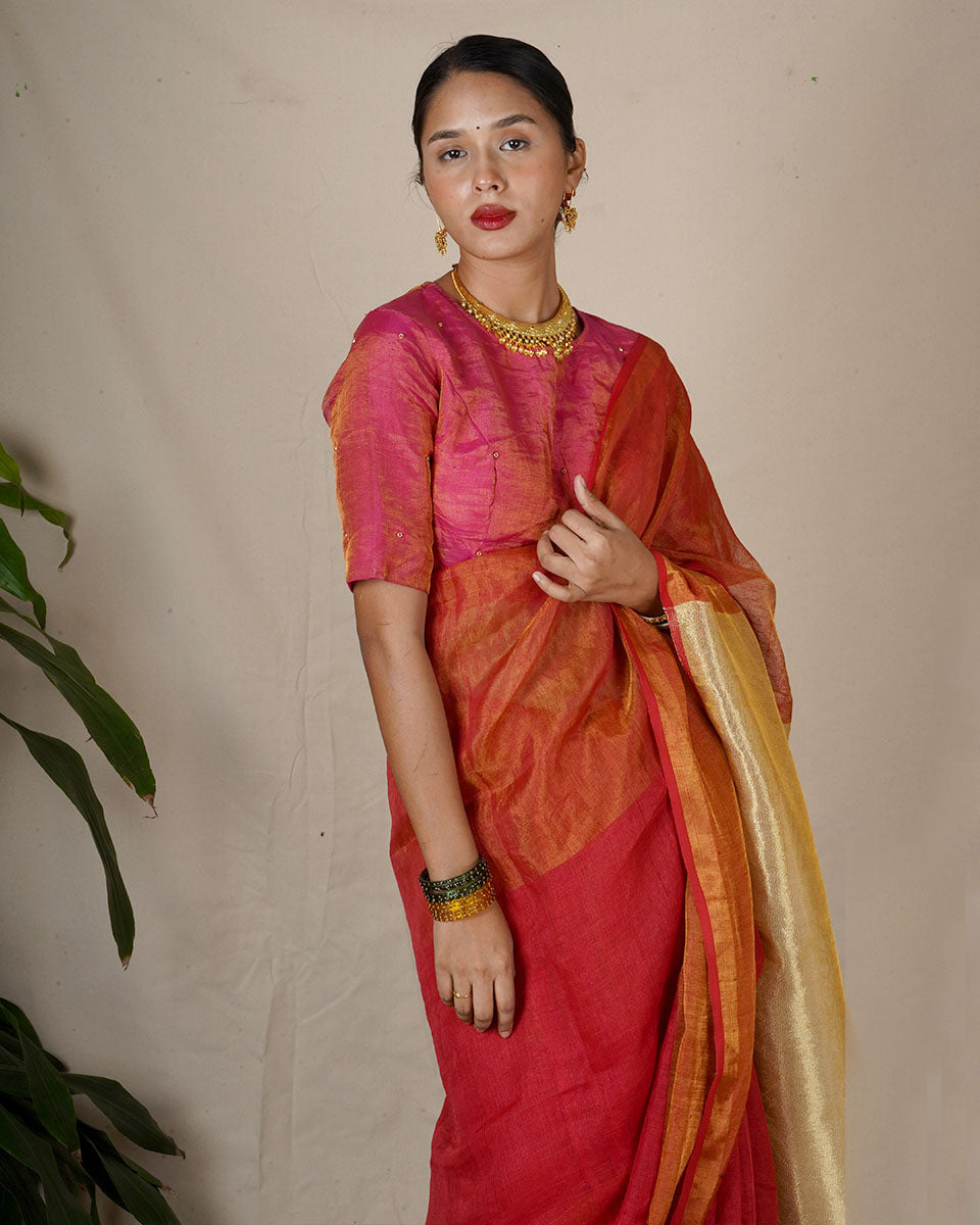 Chandni Red Handwoven Linen Zari Saree - Eknoor
