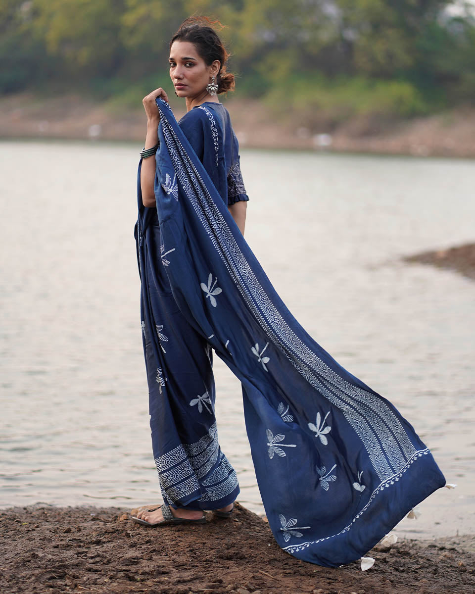 Urmi Blue Block printed Modal Silk Saree - Jaisal