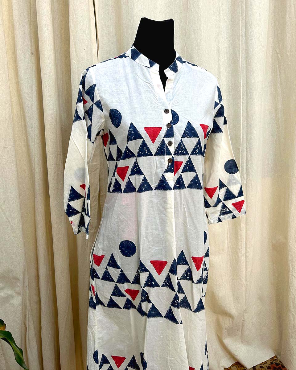 Aarika White Handblockprinted cotton kurti-LD