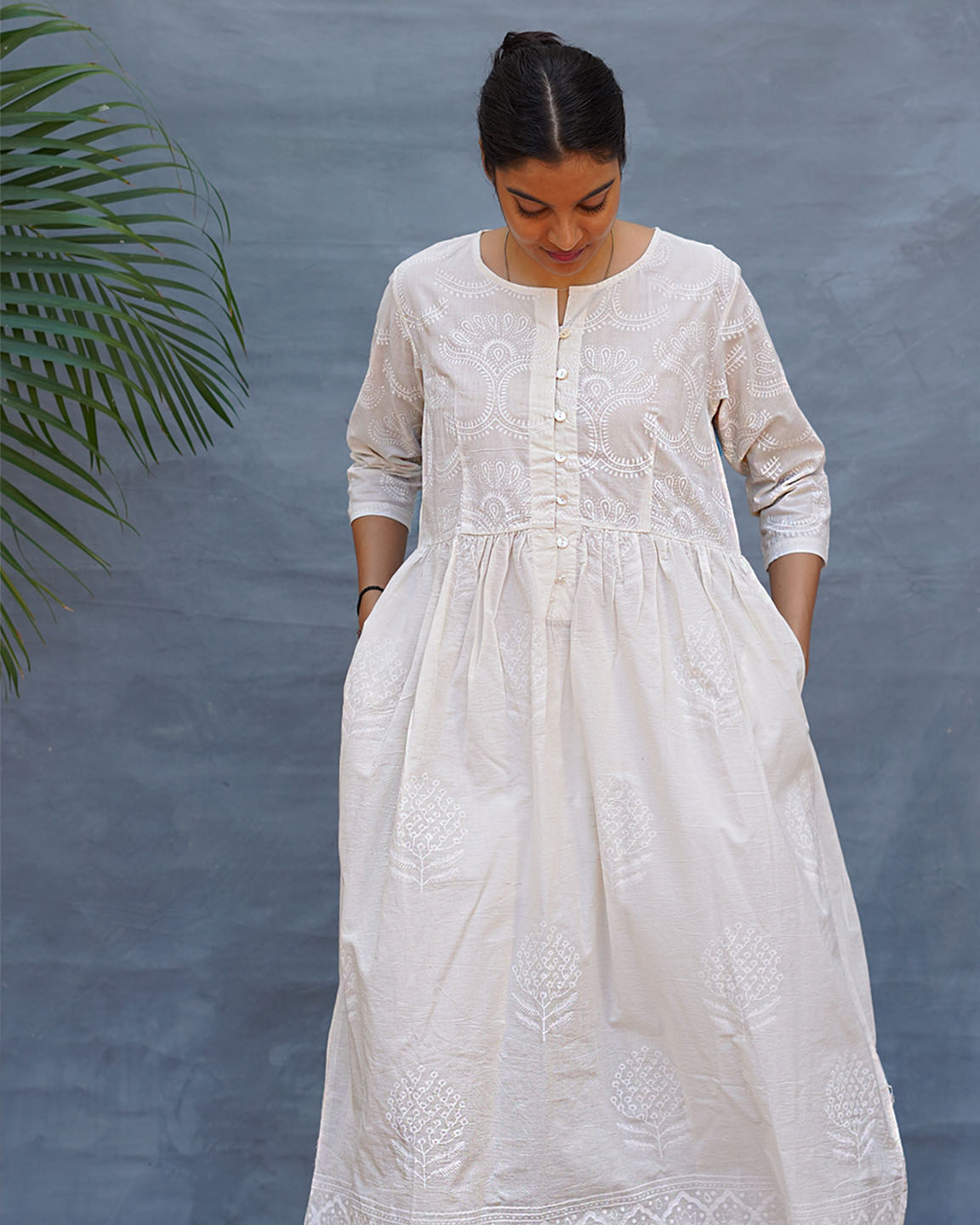 Pressed Cotton Ivory Handblock Printed Kurta Pant Set - SFD