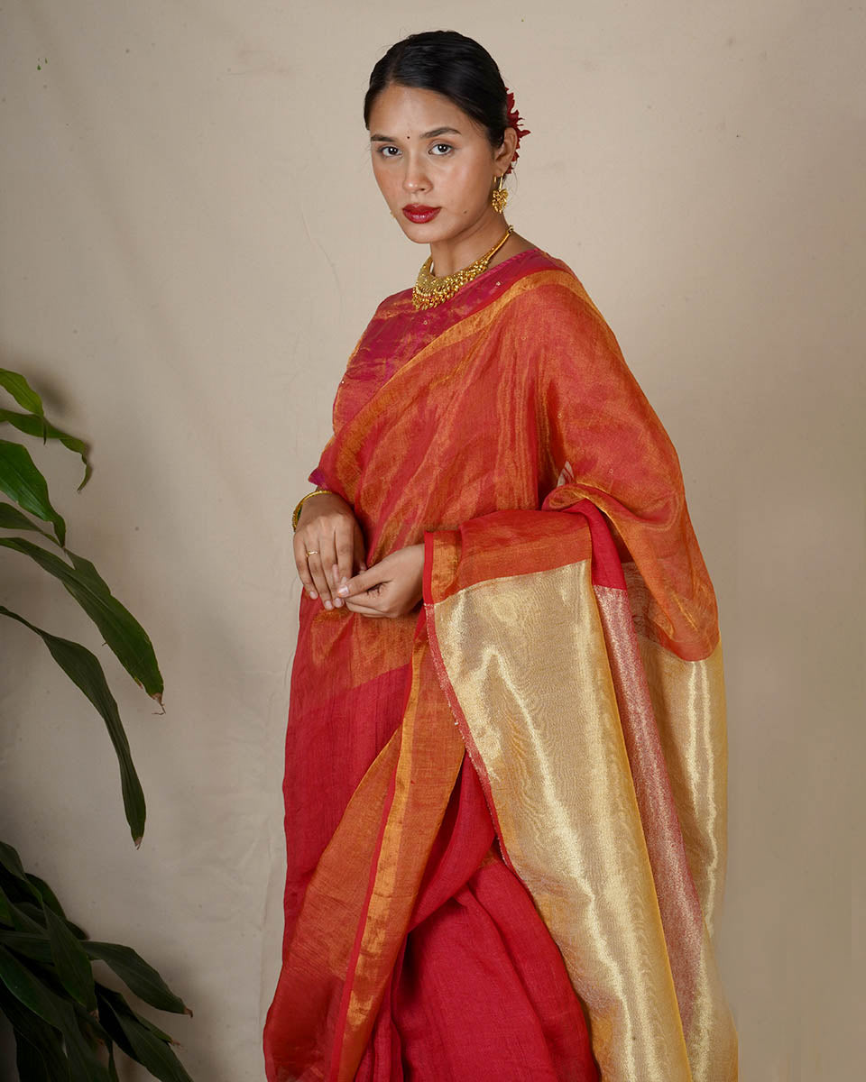 Chandni Red Handwoven Linen Zari Saree - Eknoor