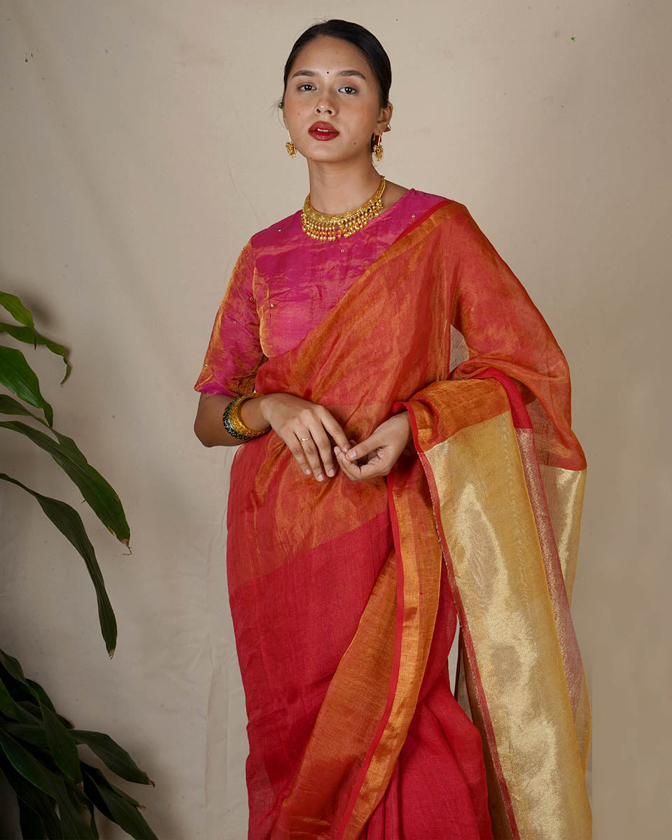 Chandni Red Handwoven Linen Zari Saree - Eknoor