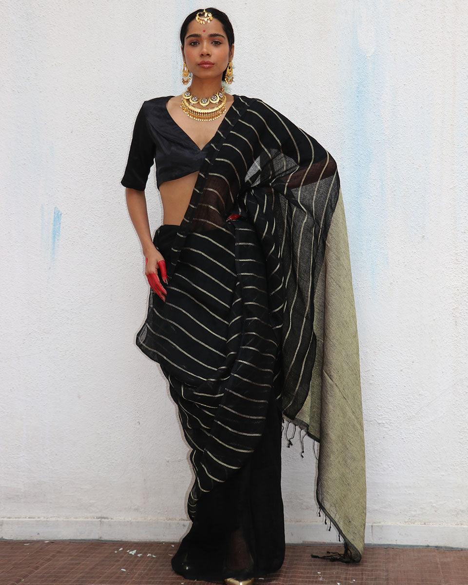 Binodini Handwoven Linen Zari Saree