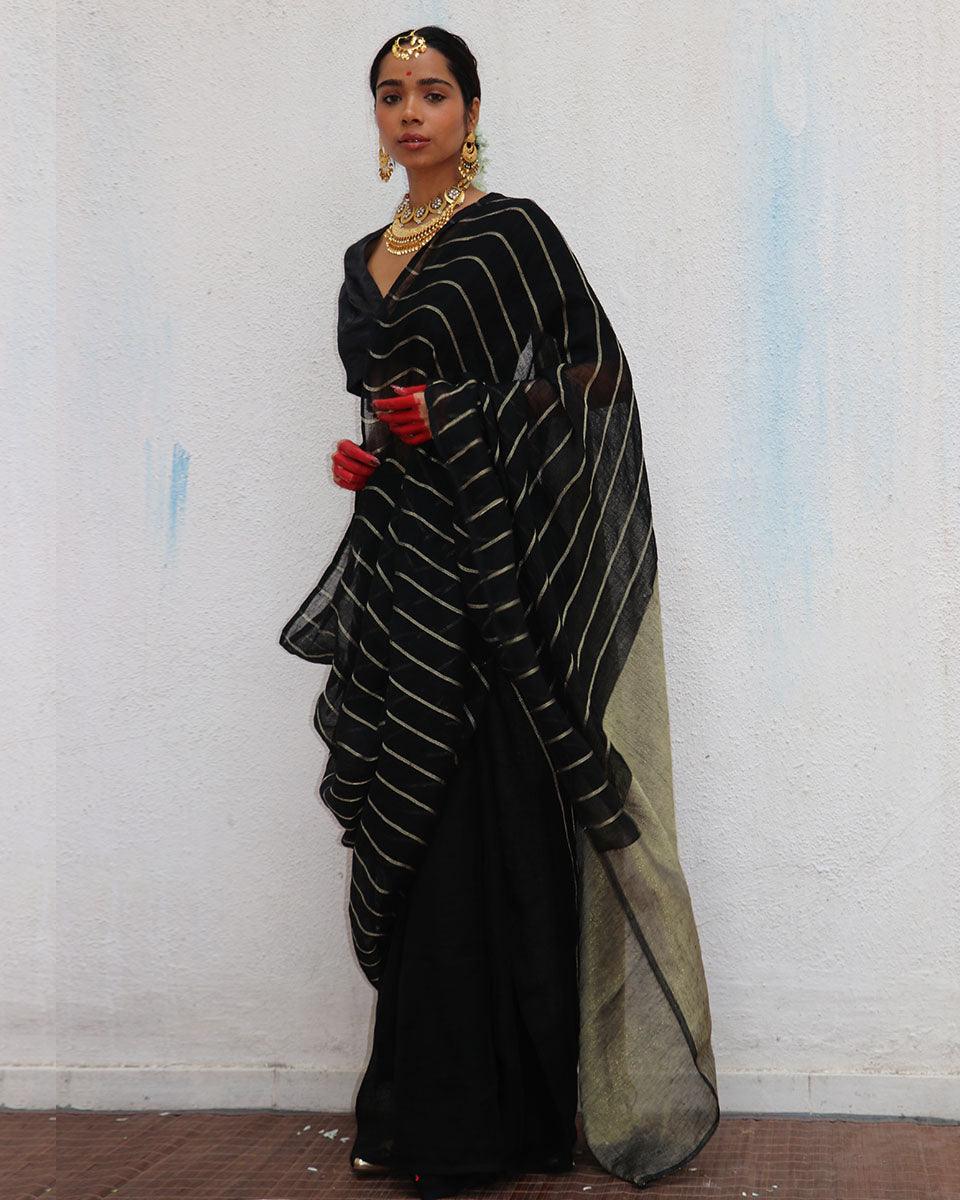 Binodini Handwoven Linen Zari Saree