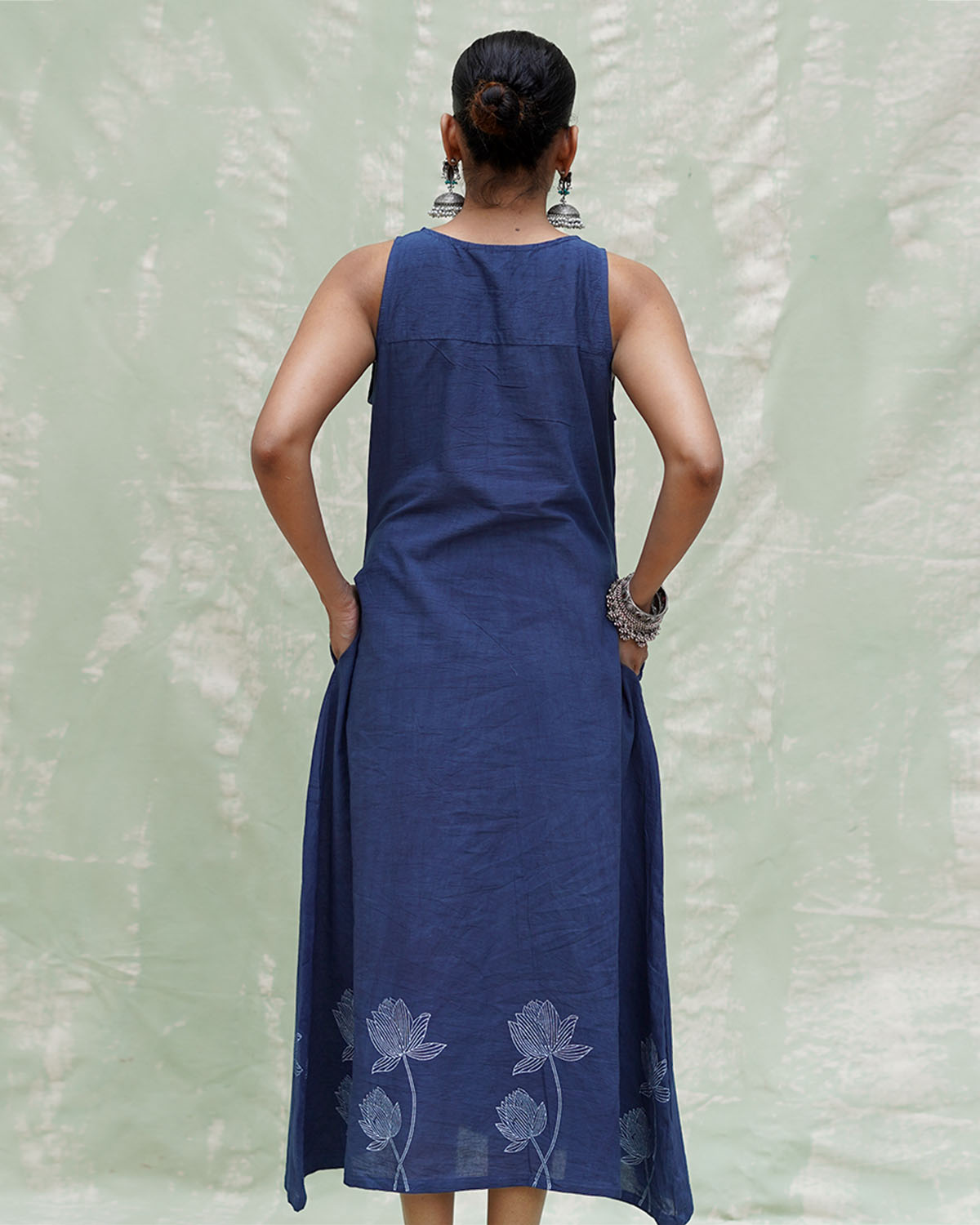 Asravi Blue Handblock Print Cotton Dress - INDI