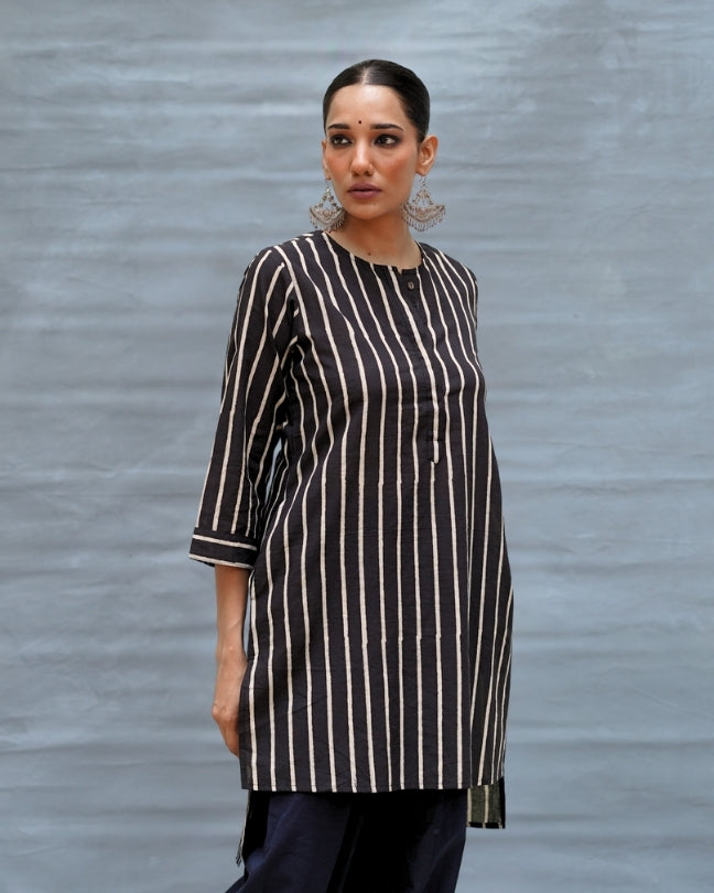Flower Moon Black Handblock Print Cotton Kurta - MNCH