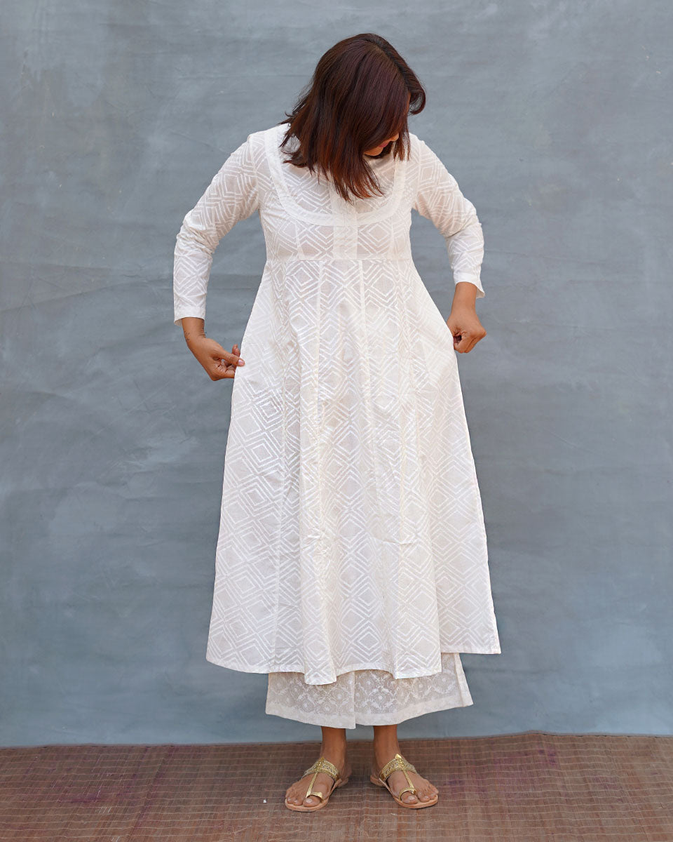 White Wave Handblock Print Cotton Kurta - Safed