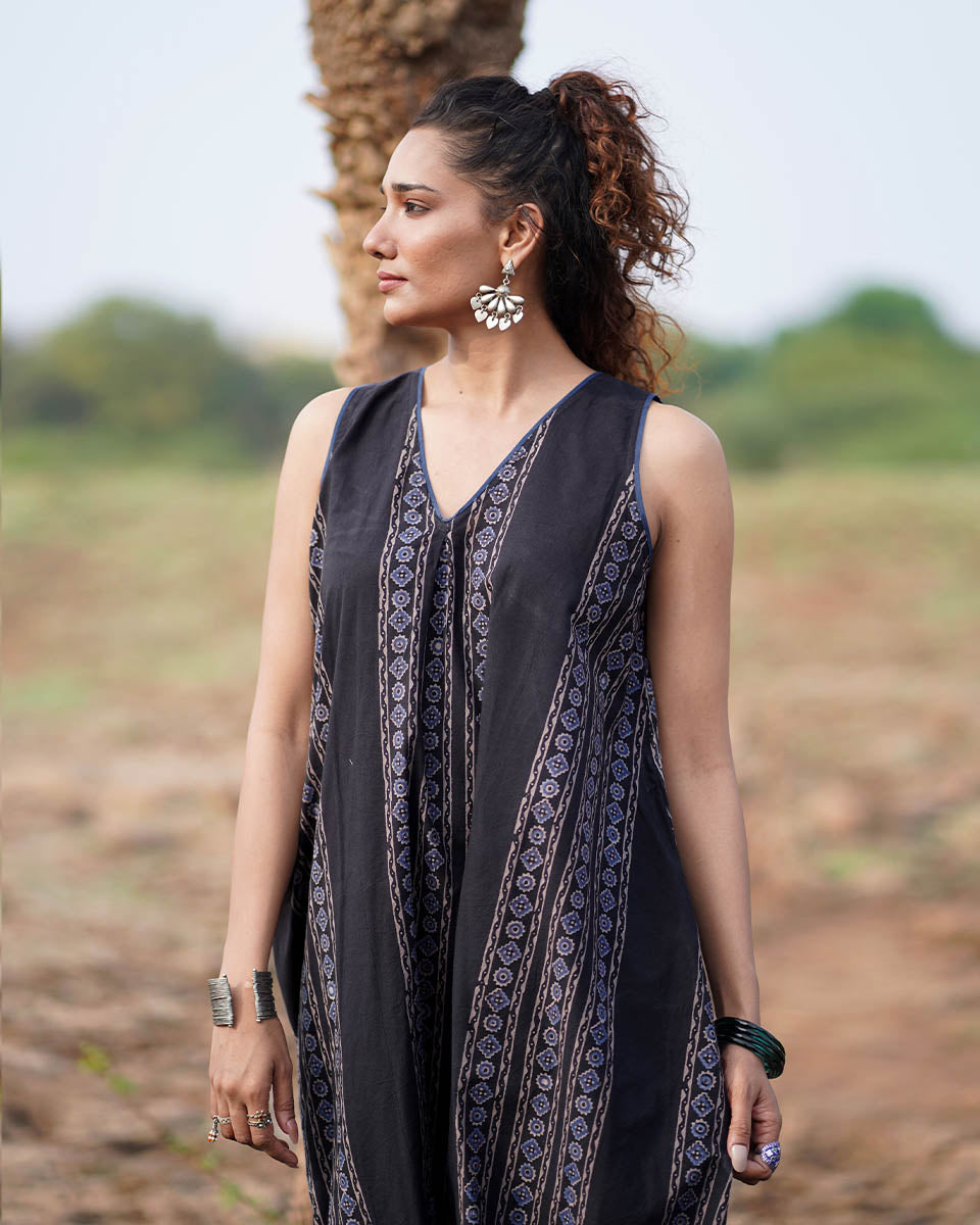 Floating Poems Blockprinted Cotton Dress-WWB