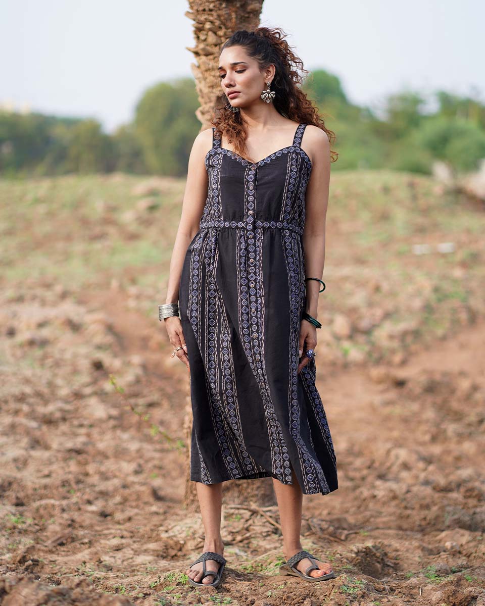 Soft Moonlight Blockprinted Cotton Dress-WWB