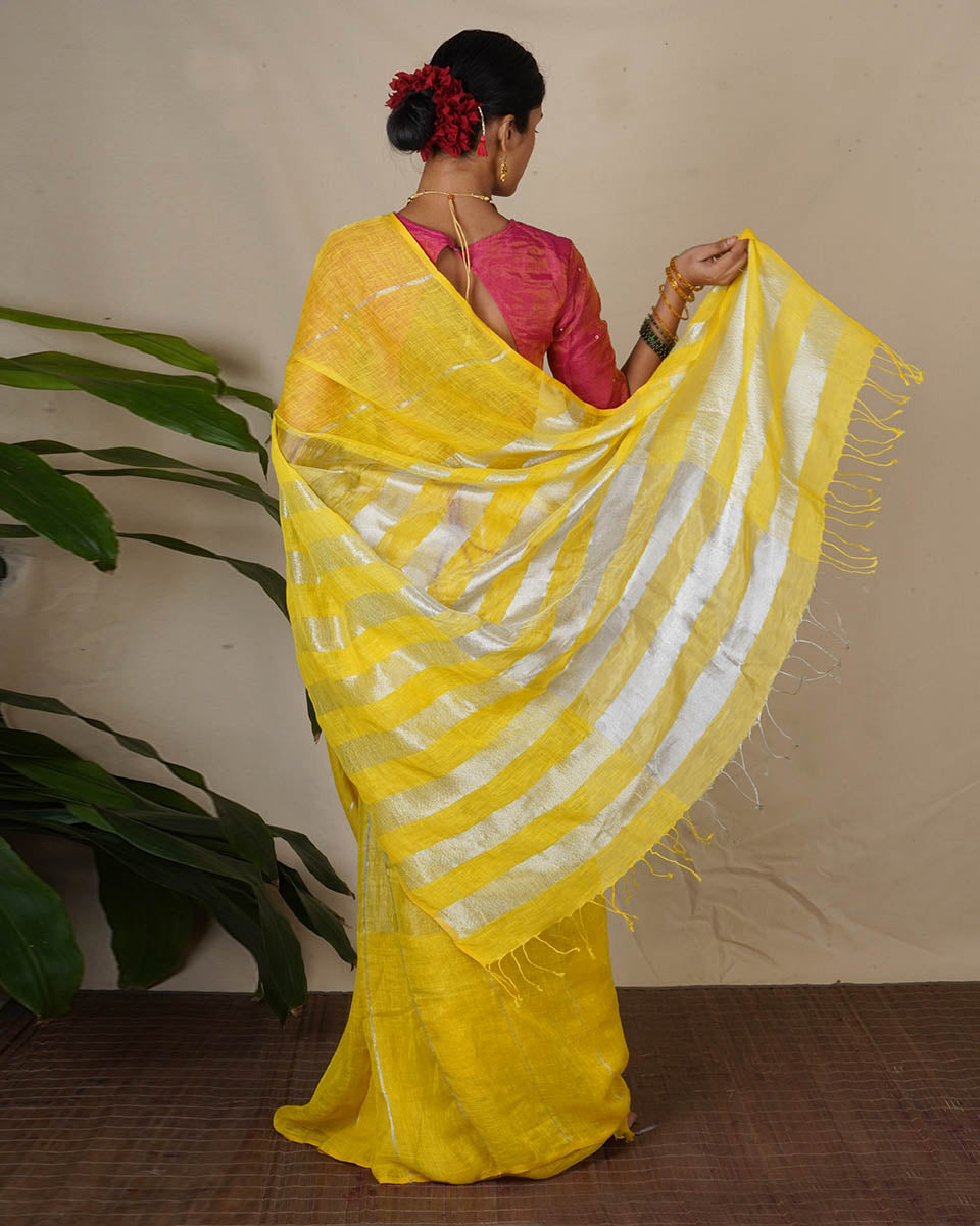 Arunima Yellow Handwoven Linen Zari Saree - Eknoor